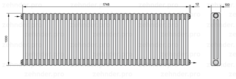 Схема (чертеж) Радиатор Zehnder Charleston 3100/38 №1670 Белый глянцевый RAL 9016